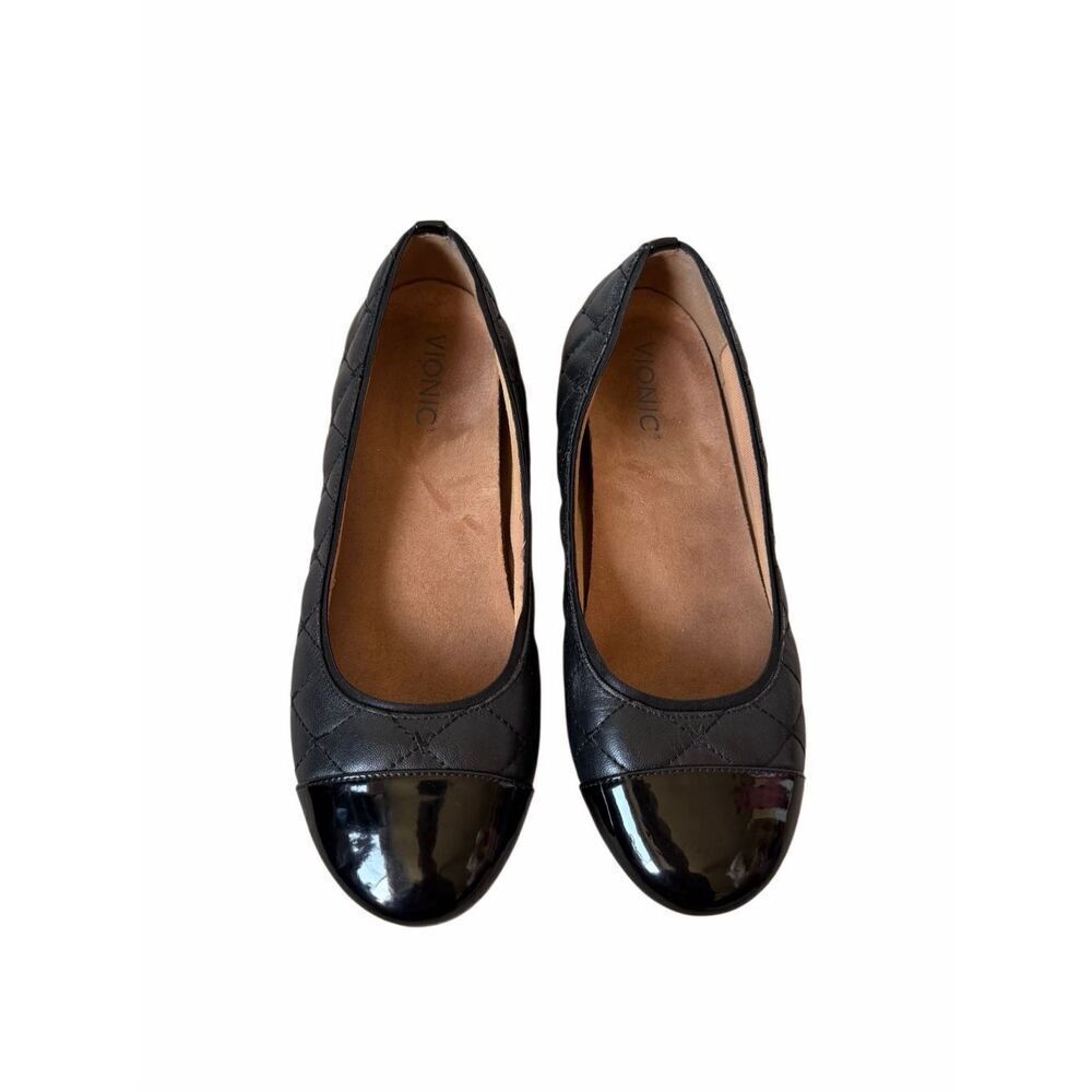 Vionic Desiree Quilted Black‎ Leather Cap Toe Flats 8.5